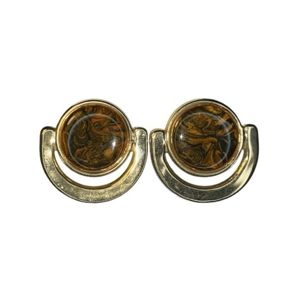 Vintage 80s Enamel Earrings Tigers Eye Door Knocker Gold Tone Metal Clip-On